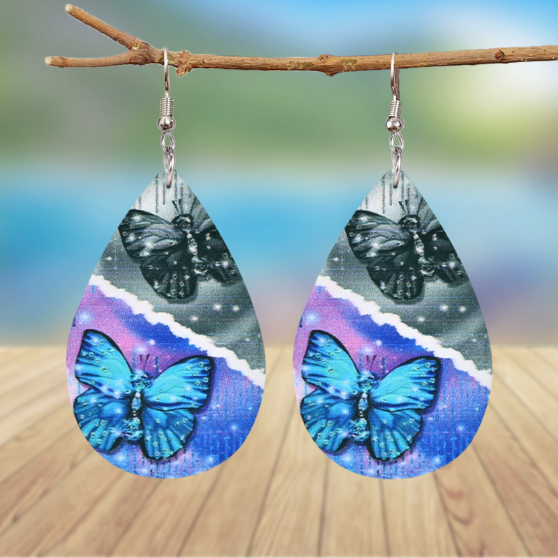 Women's Elegant Blue Butterfly Pattern Wooden Earrings